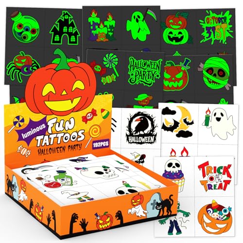 Leesgel Halloween Tattoos für Kinder, 192 Leuchtende Temporäre Kindertattoos für Halloween Deko Kinder, Accessoires für Party Mitgebsel als Alternative zu Süßigkeiten, Zubehör und Kleine Geschenke
