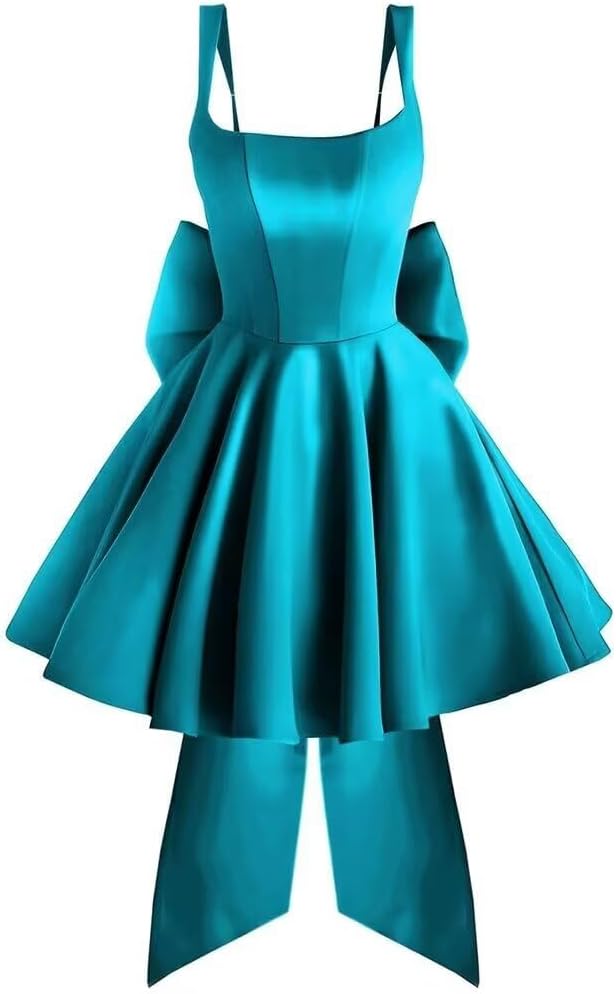 Tianzhihe Satin Homecoming Dresses with Bow Back Square Neck Spaghetti Straps Short A Line Cocktail Dress for Women