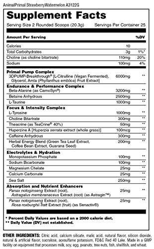 Animal Primal Muscle Hydration + Preworkout Powder – Contains Beta Alanine, 3Dpump, Caffeine & Electrolytes – Improves Energy, Focus, Endurance & Absorption – Strawberry Watermelon Flavor, 17.9 Oz #TOP7