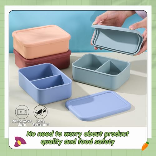 Image of Layhit 4 Pcs Silicone Bento Box for Adults, 27 oz Bento Lunch Container Reusable Food Container for Women Men, Leak Proof Microwave Dishwasher Freezer Safe (2 Compartments,Dark Colors)