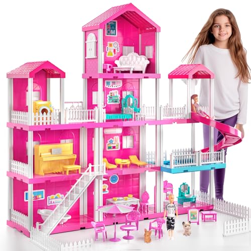 JUKUDAHU Pink Villa Playset for Girls Ages 3-7, 4-Story 10-Room House with 2 Dolls, Furniture & Accessories, Pretend Play Toddler Toy, Birthday Gifts for Kids 3-8