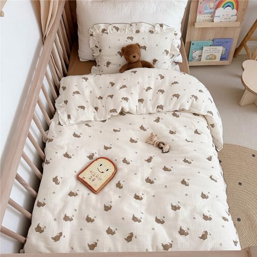 AOJIM Kids Bedding Duvet Cover 1 Piece with Little Bee and Brown Bear Cotton Toddler 2-layer gauze Muslin Comforter Cover 47X59 Ruffled Design Baby Duvet Protector for Girls Boys Machine Washable