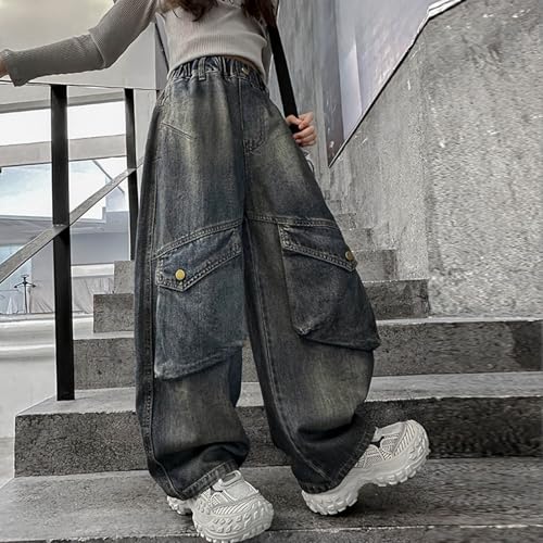 Baggy Cargo Jeans for Teen Boys Girls Kids Casual Relaxed Fit Vintage Elastic Waist Wide Leg Denim Pants with Pockets3