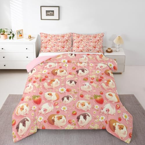 Erosebridal Cute Guinea Pigs Comforter Set Twin Size, Cartoon Guinea Pig Themed Bedding Set for Kids Girls Teens, Lovely Pet Animal Duvet Insert Strawberry Floral Print Quilt, Pink Reversible