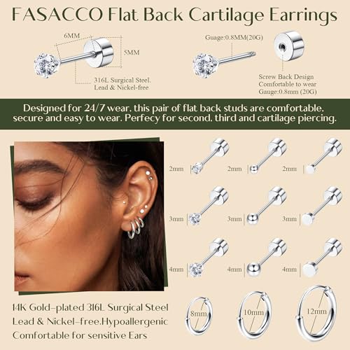 FASACCO Small Tiny Stud Flat Back Earring Hypoallergenic Gold Studs 14K Surgical Steel Earring Sets for Multiple Piercing Cartilage Hoop Earrings2