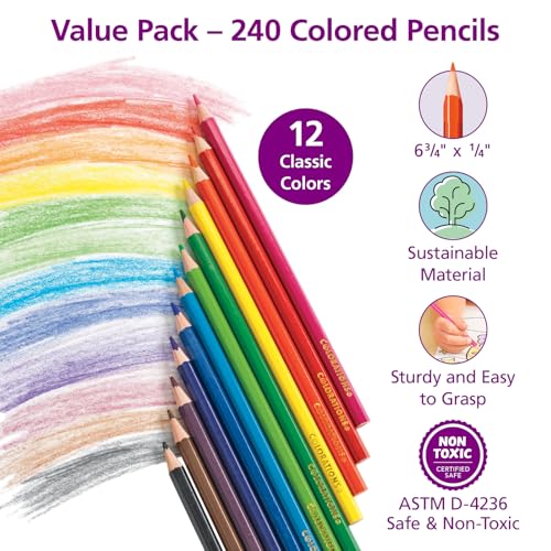 image for Colorations Color Pencils, Set of 240, Pre-sharpened, 12 Colors, Thick