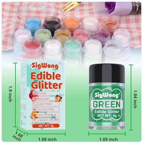 Green Edible Glitter - 5g Food Grade Cake Decorating Shimmering Glitter, Edible Sprinkle Luster Dust for Drinks, Chocolates, Fondant, Strawberries, Cupcakes, Candy, Valentines Cookie - Vegan