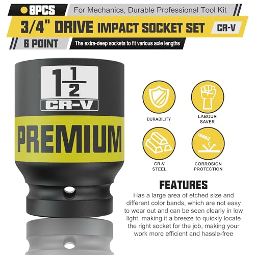 Image of 8pcs 3 /4 inch Drive Impact Socket Set, SAE Axle Nut Sockets, 1 inch to 1-1 /2 inch Thicker Jumbo Sockets, Socket Set, 6 Point, Cr-V, for Mechanics, Durable Professional Tool Kit