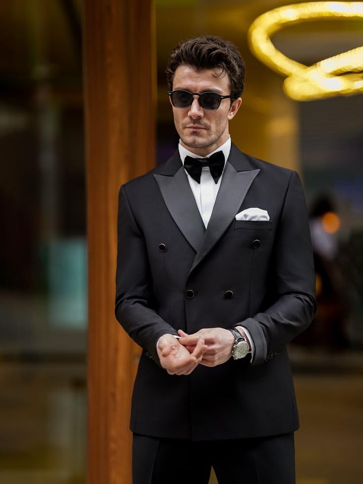 Mens Tuxedo 2 Piece Double Breasted Suit Men Wedding Prom Tuxedo Suits for Men Formal Business Suit & Bow Tie2