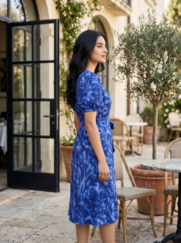 Image of HELLCAT Women Floral Fit & Flare Midi Dress | Round Neck, Puff Short Sleeve, Waist Tie-Up Belt | Casual Brunch Wear, Western One Piece, A-Line Long Frock, Summer Party Outfit