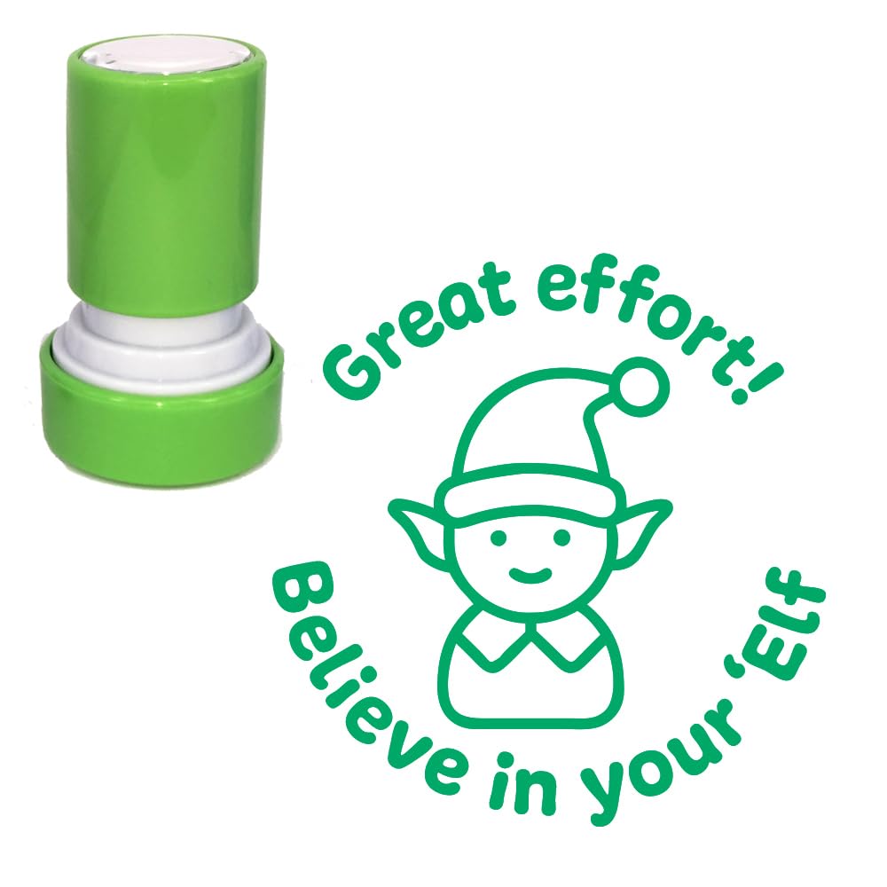 Great Effort. Believe in Your ‘Elf, Christmas Fun Teacher Stamp for Festive Marking. 22mm, Reinkable, Green Ink *