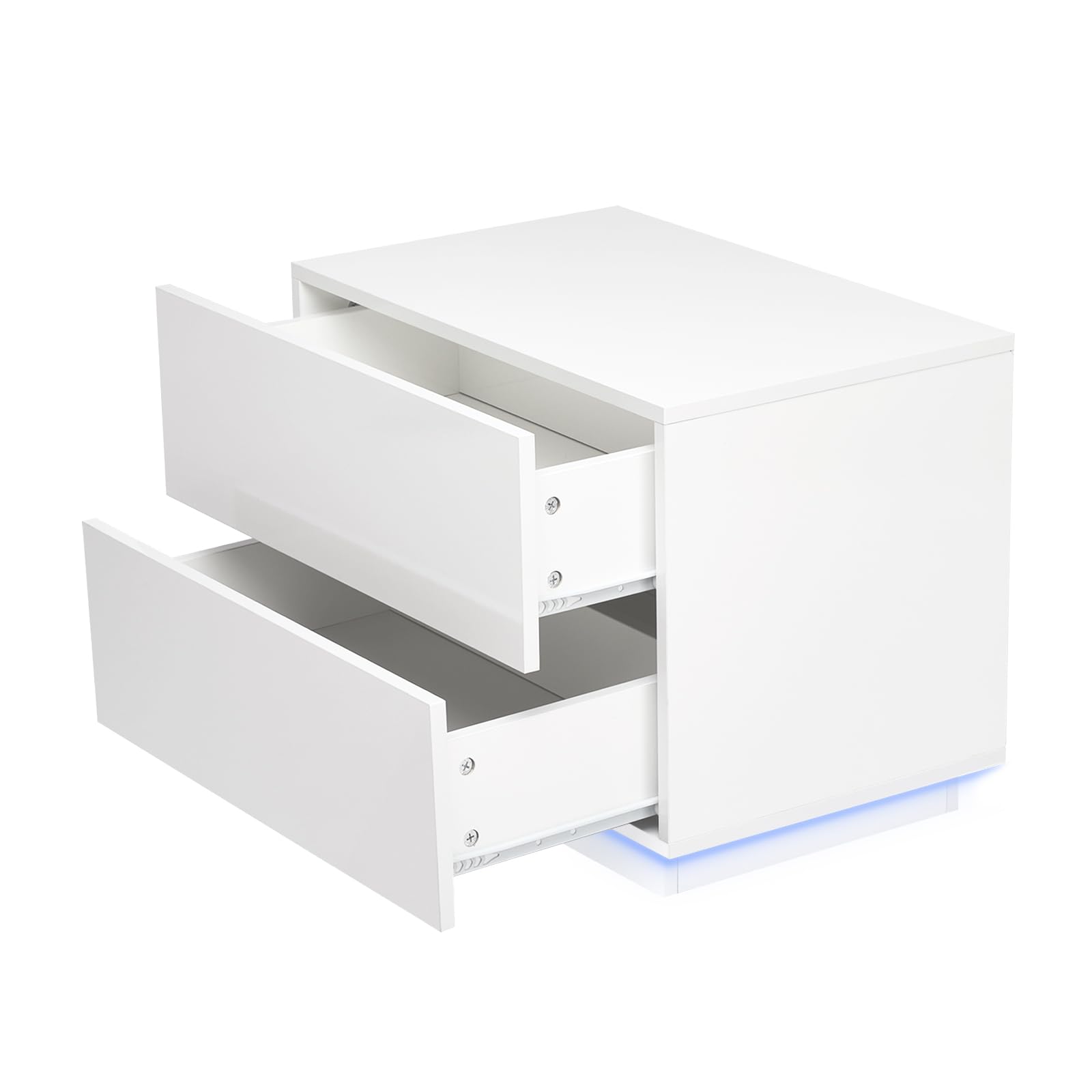 Mondeer Meerviel - Table de Chevet - LED Meuble de Rangement avec 2 Tiroirs Haute Brillante USB Lumineuse pour Chambre Salon 60x39x45cm (Blanc)