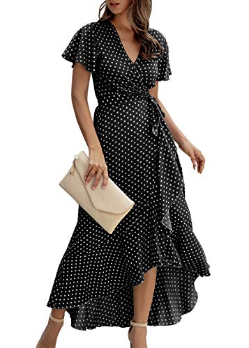 Eledobby Vestidos Femininos com Decote em V Bolinhas Compridas com Babados Vestido com Renda na Cint