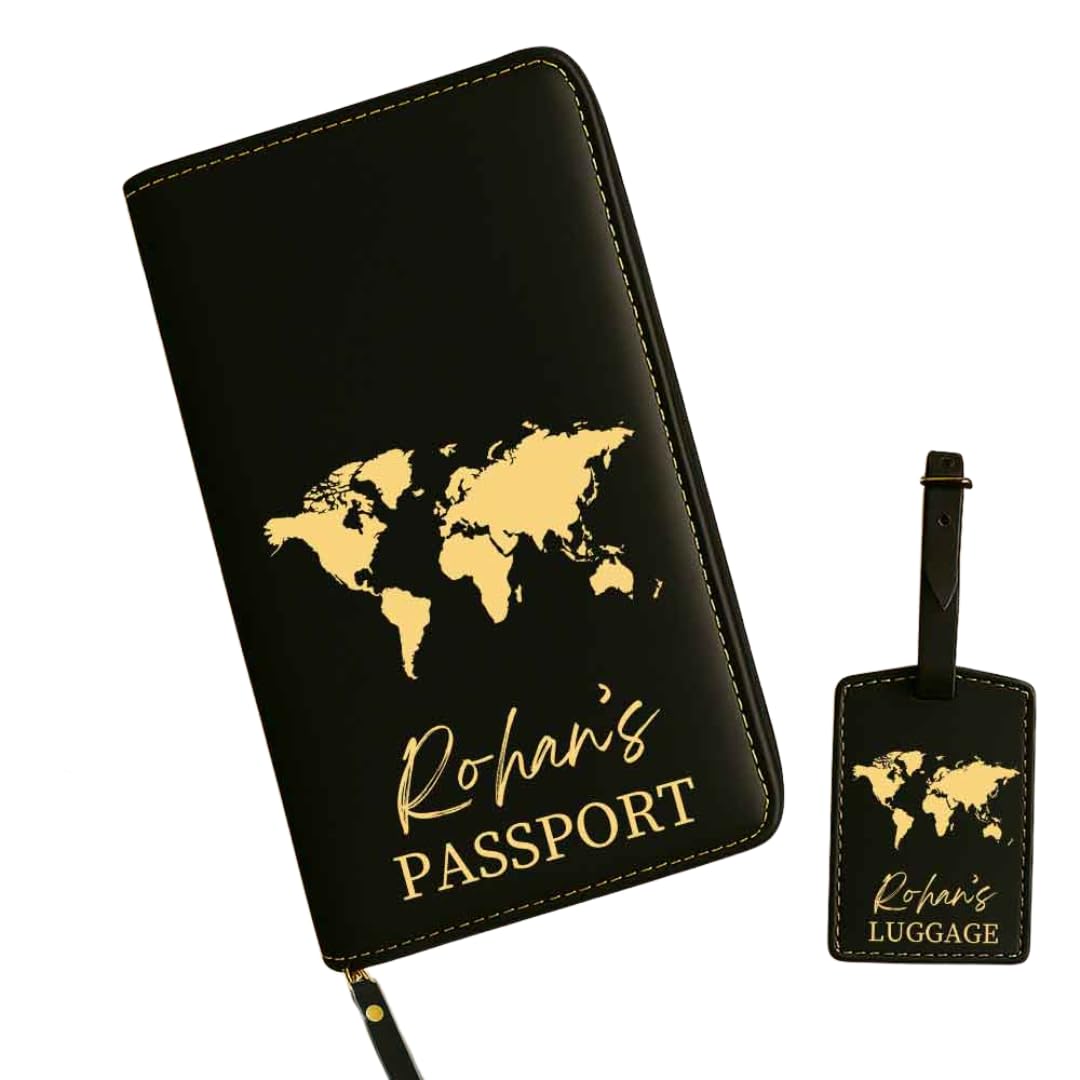Personalized Travel Organizer with Luggage Tag, Black Faux Leather, World Map Design-image-21