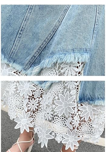 Womens Denim Skirt Pleated Lace Patchwork High Waist Slim A-Line Long Casual Denim Skirt4
