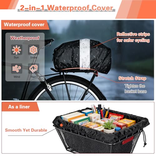 Large Bicycle Basket - Rear Bike Basket with Cargo Net and 2-in-1 Waterproof Cover, Wire Bike Baskets, Large Capacity for Adult Bikes,Electric Bike,Carrying Grocery,Ball,Dog - Thumbnail 3