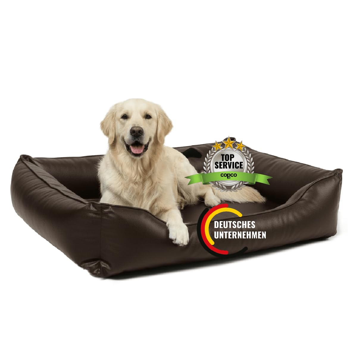 CopcoPet Hundebett Grosse Hunde XL – Waschbares Hundekissen 【Kunstleder】 Hundekorb aus Kunstleder - Formstabiles Hundesofa - Hundekörbchen mit Rand für Hunde, Dog Bed Braun 110x90 cm