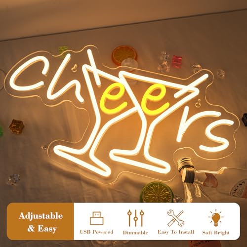 Image of WX&YH Cheers Neon Sign Cocktails Bar Led Sign Cheers Neon Signs for Wall Decor Cocktails Glass Neon Lights Signs for Home Pub Party Club Restaurant Shop Bar Lights Decor Gifts
