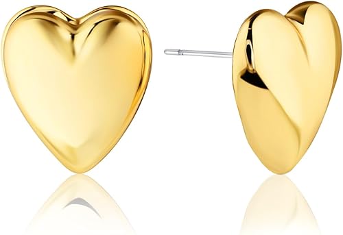 Gold Tone Heart Earrings for Women - Puffy Heart Stud Earrings for Women, Big Go