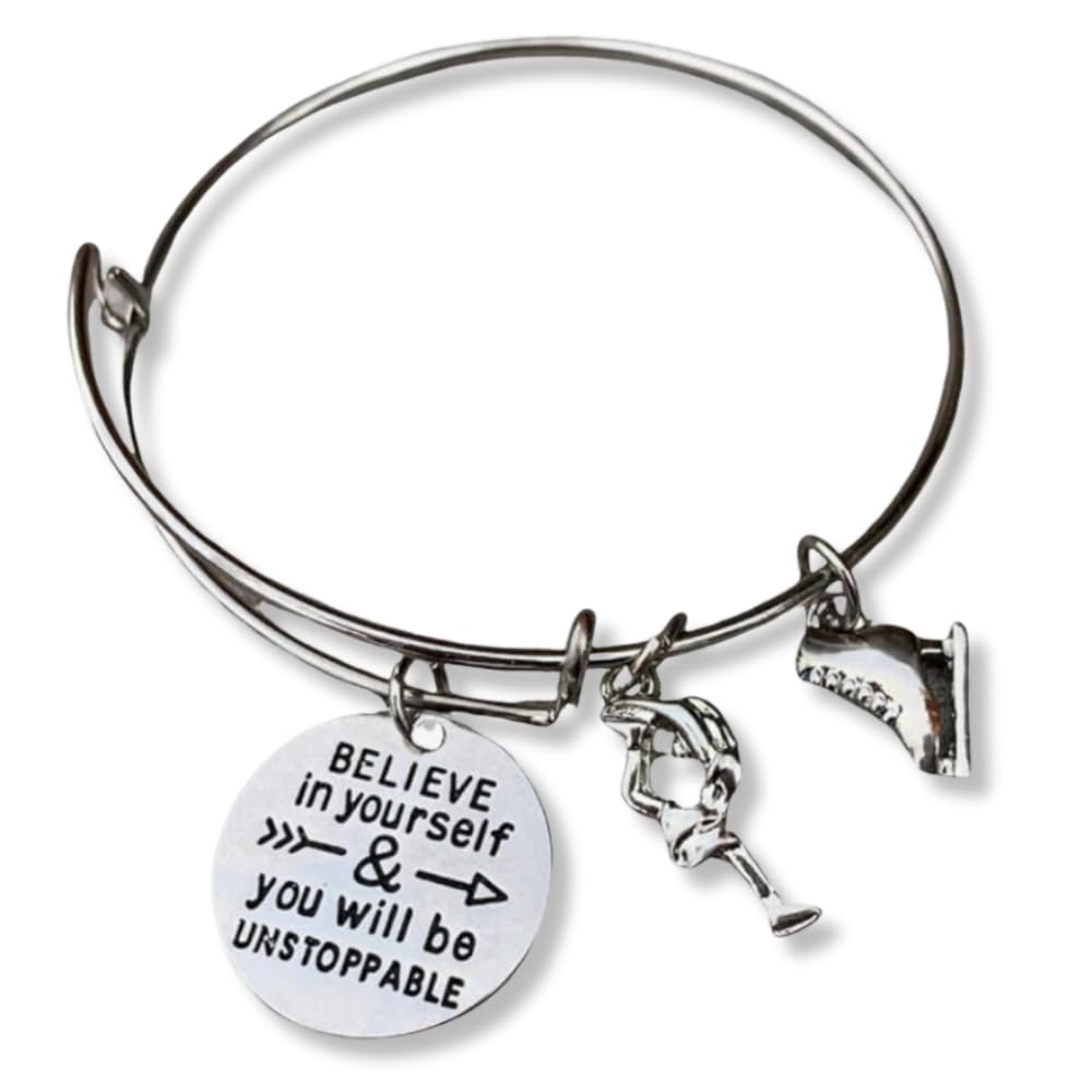 Figure Skating Bracelet, Ice Skating Jewelry, Ice Skate Believe In Yourself & You Will Be Unstoppable Charm Bracelet - Figure Skating Gifts