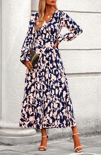 BTFBM Women Fall Dresses 2025 Casual Long Sleeve V Neck Maxi Dresses Floral Boho Long Dress Wedding Guest Dress