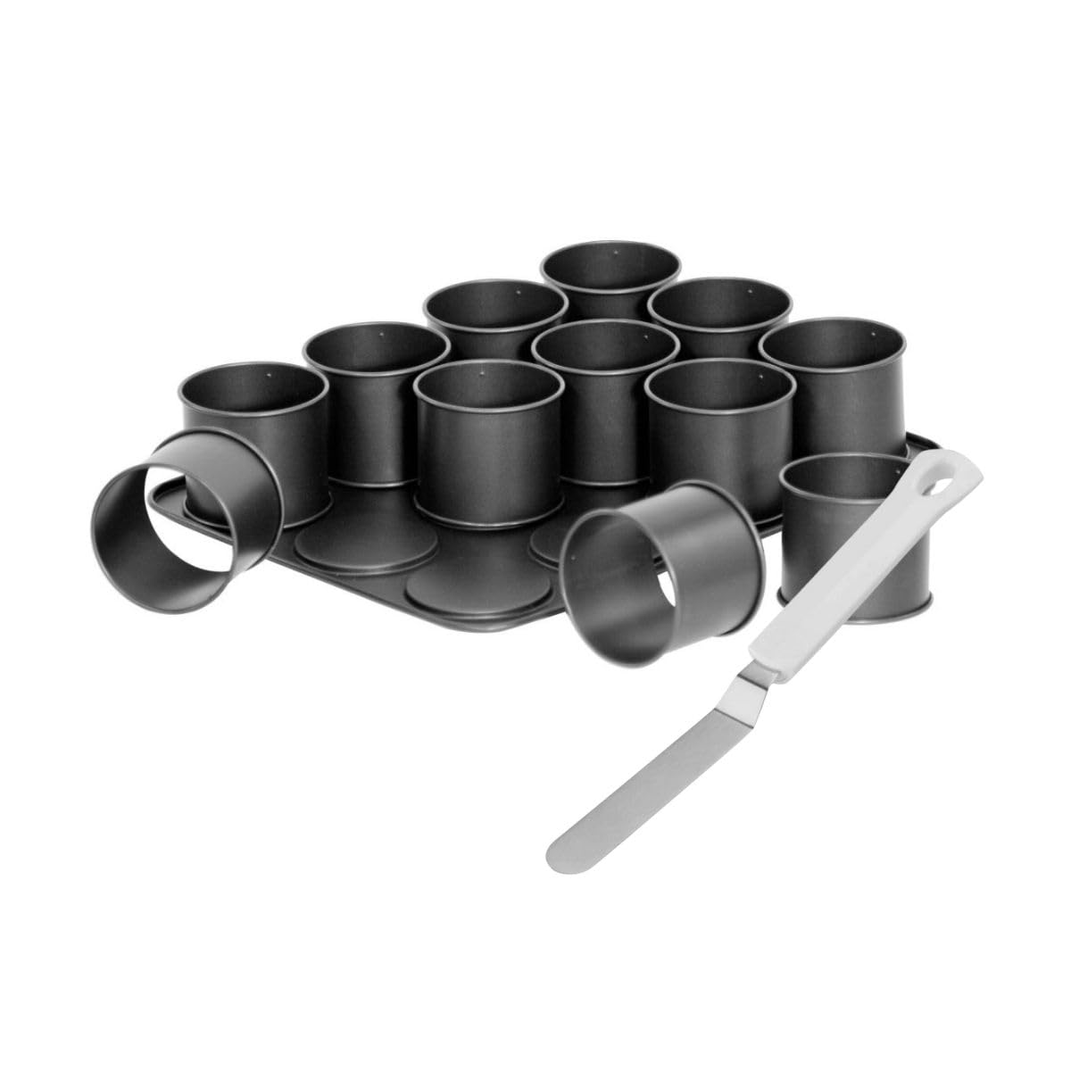 Zenker 9926850 Backblech mit 12 runden Mini-Backformen und Eisspatel, 12 Mini-Flanform mit Spatel, 12 kleine hohe Kuchenformen, Backblech, Stahl, Kunststoff, 38 x 30 cm und 23 cm