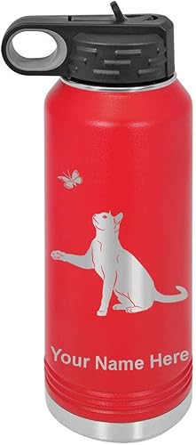 Miniatura 9 de LaserGram Botella de agua de doble pared abatible de 32 onzas con pajilla, gato con mariposa, grabado personalizado incluido (acero inoxidable)