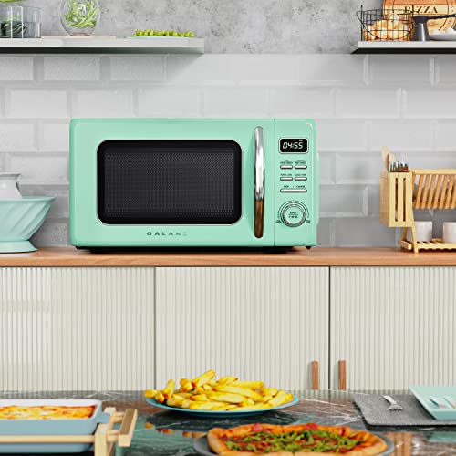 Image of Galanz GLCMKZ11GNR10 Retro Countertop Microwave Oven with Auto Cook & Reheat, Defrost, Quick Start Functions, Easy Clean with Glass Turntable, Pull Handle, 1.1 cu ft, Green