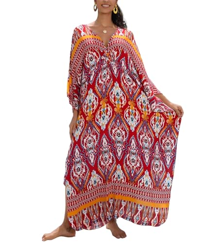 Image of IMAGEKOPE Women's Plus Size Animal Print V-Neck Batwing Kaftan Beach Dress Bathing Suit Cover-Up Loungewear