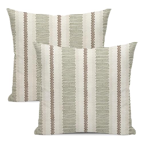 GOLIANDA Brown Sage Green Pillow Covers 18x18 Set of 2 Boho Outdoor Striped Throw Pillow Covers Abstract Modern Geometry Decorative Pillowcase Farmhouse Linen Cushion Case Decorations for Sofa Couch