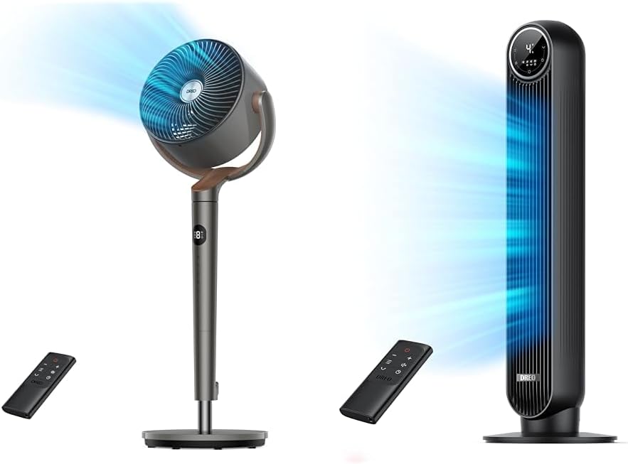 Dreo 120°+120° Oscillating 8 Speed Pedestal Fan & 25ft/s 90° Oscillating 4 Speed Tower Fan Bundle