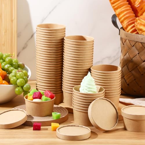 Image of Fulmoon 4 oz 100 Pack Paper Containers with Lids Soup Bowl Cup, Brown | Disposable Ice Cream Cup, Kraft Food Containers with Vented Lid Stackable for Hot Soup Dessert Cake Fruit Microwave Takeout