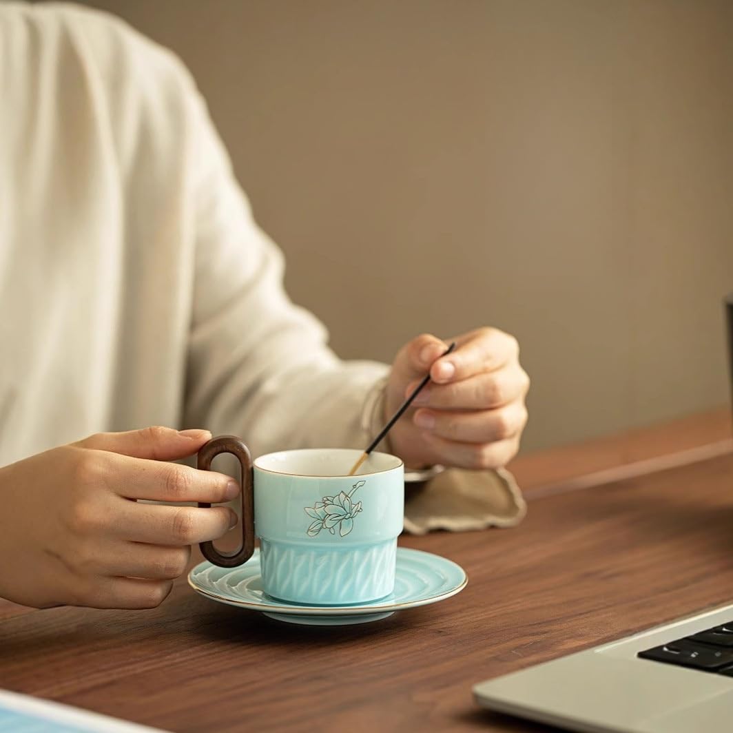 Magnolia ceramiczna filiżanka do kawy 150 ml pudełko prezentowe nowy chiński styl drewniany uchwyt wyciągany kubek na kwiaty, spodek i łyżka zestaw na prezent