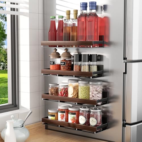DEMEGA Walnut Magnetic Spice organizer for Refrigerator Wall Mount Spice