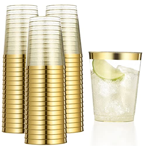 100 tazas de plástico doradas de 10 onzas, vasos de plástico con purpurina dorada, tazas de boda desechables, elegantes tazas de fiesta con borde dorado y purpurina