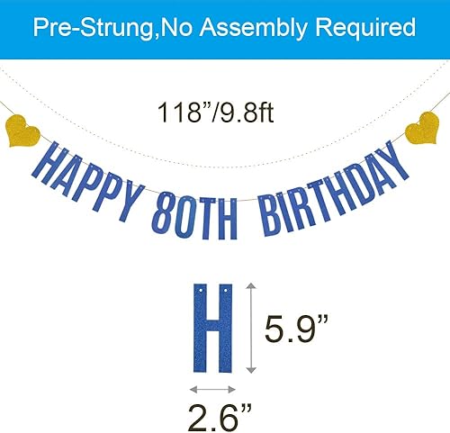 Miniatura 2 de Cartel de feliz cumpleaños 80, pre-encordado, guirnalda de papel con purpurina azul para suministros de decoración de fiesta de cumpleaños 80,