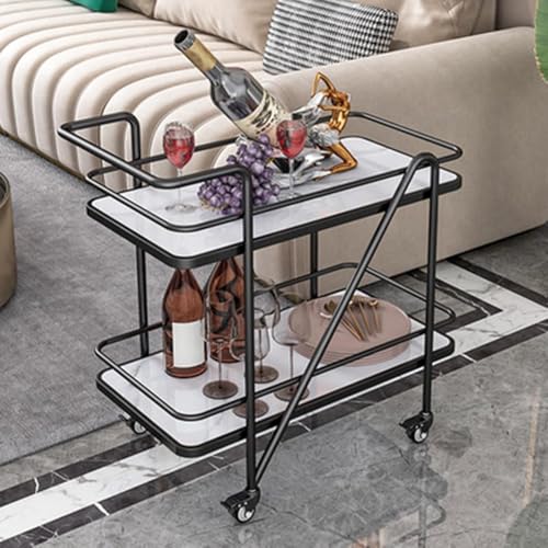 Image of Brown Art SHOPPEE 2 Tier Solid Metal Bar Trolley Serving Trolley Coffee Table Bar Trolley Serving with Wheel Home and Restaurant Mobile Cart for Food Serving Table for Living Room (Black & White)