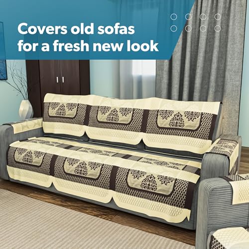 Image of Kuber Industries (Set of 16) Stylish & Durable Cotton Sofa Covers 5 Seater with Arms | Washable Sofa Protector & Slipcover for Living Room & Office | Flower Patti - Cream & Brown