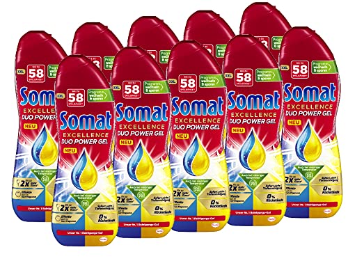 Somat Excellence Duo Power Gel (10 x 58 lavadores) Detergente para lavavajillas para platos limpios y brillantes también en el programa Eco y a bajas temperaturas, limón y lima