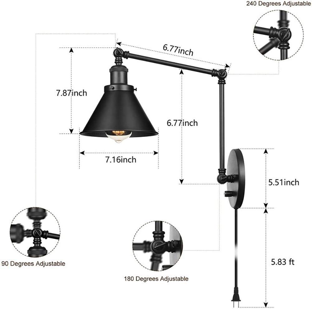 Aplique de Pared para Dormitorio 2 en 1 o con Brazo oscilante cableado, luminaria Industrial Regulable de Metal para decoración del hogar, Loft, cafetería, mesita de Noche, lámpara