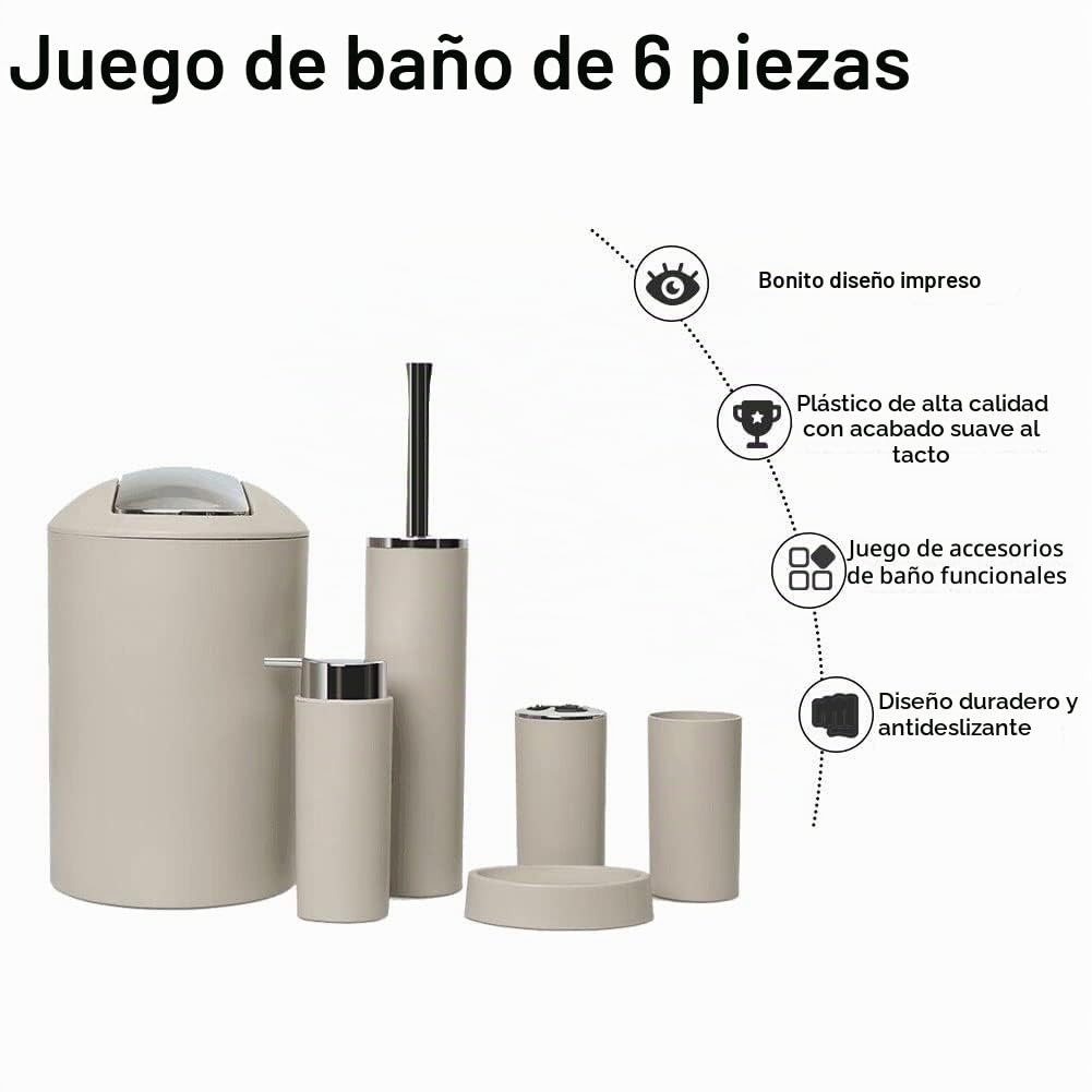 Zalati Juego de accesorios de baño 6 piezas - botella de loción, portacepillos de dientes, jabonera, escobilla de inodoro, papelera - beige
