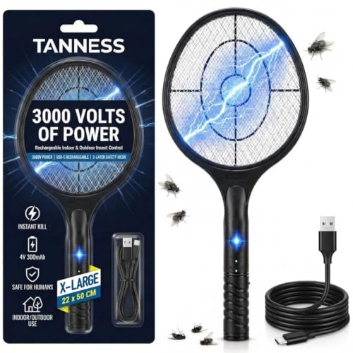 Tanness 1-Pack Electric Fly Zapper Racket 22 x 50 cm 3000V Rechargeable USB-C Charging 4V 300mAh Battery Indoor and Outdoor Use 3-Layer Safety Mesh