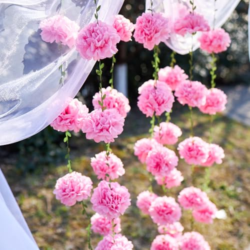 2 Stück Blumengirlande aus Papier, Rosa Blumen mit Grünen Blättern, 2.5 Meters Pompon-Deko für Wand, Hochzeit, Party und Garten