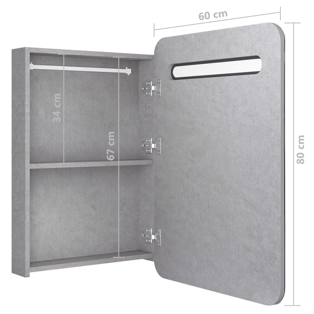 Mobile da bagno a LED con specchio grigio cemento, 60 x 11 x 80 cm, in MDF con finitura in melamina, design moderno con luce soffusa, 2 ripiani, salvaspazio per piccoli bagni e ospiti WC