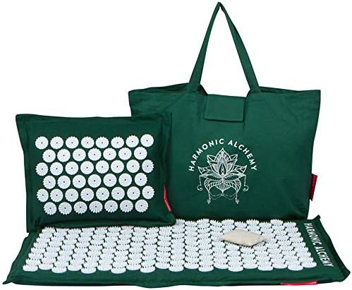 Harmonic Alchemy Acupressure Mat Set by Heavenly | Perfect for Back Pain Relief, Stiff Neck, Sciatica & Stress | Comes with Full Size Linen mat, Pillow, Bag, and Lavender Scent Pouch (Green Color)