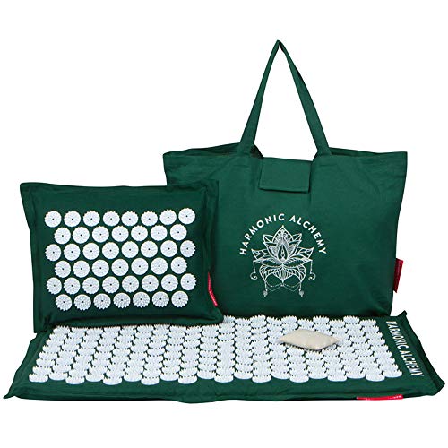 Acupressure Mat Set by Harmonic Alchemy | Perfect for Back Pain Relief, Stiff Neck, Sciatica & Stress | Comes with Full Size Linen mat, Pillow, Bag, and Lavender Scent Pouch | Green Color