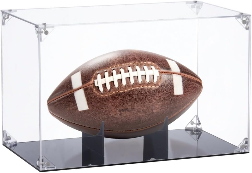 Football Display Case, 11.8 X 7.9 X 7.2 Inches Clear Memorabilia Box for Football Or Sports Gloves, Memorial Case with Removable Interior Football Display Stand & Hanger