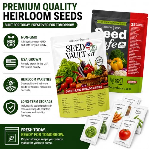 Gardeners Basics Survival Seed Vault & Seed Safe Bundle – 70 Heirloom Vegetable Varieties, 33,000+ Seeds, Non-GMO Emergency Food Supply - Image 5