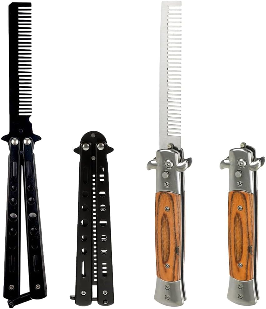 2 Piece Beard Comb, Beard Comb for Men,Folding Mustache Combs for Men, Stainless Steel and Wood Grain Travel Metal Beard Combs,Beard Beauty Tool