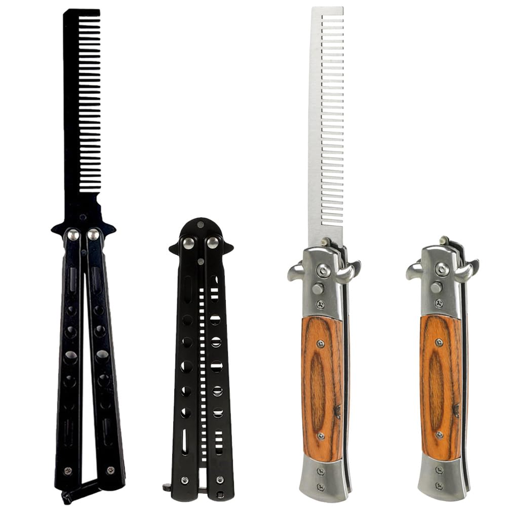 Eikovia 2 PCS Butterfly Comb Stainless Steel and Wood Grain folding beard combs Foldable Pocket Comb For Beard, Mustache,Scalp Hair,Salon Beauty Tool